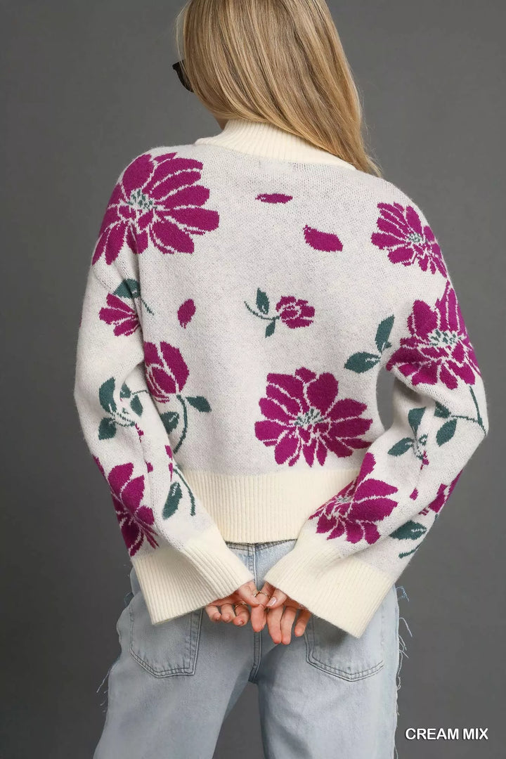 Umgee Floral Patterned Mock Neck Sweater | Sweaters Daverri Fashions