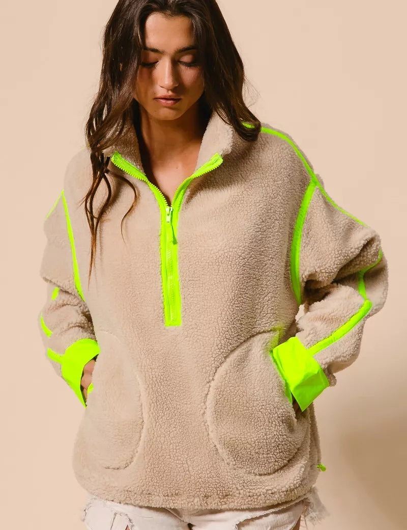 OATMEAL NEON GREEN BiBi Contrast Edge Half Zip Up Sherpa Jacket | Jackets Daverri Fashions