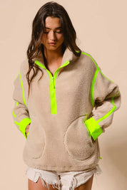 OATMEAL NEON GREEN BiBi Contrast Edge Half Zip Up Sherpa Jacket | Jackets Daverri Fashions