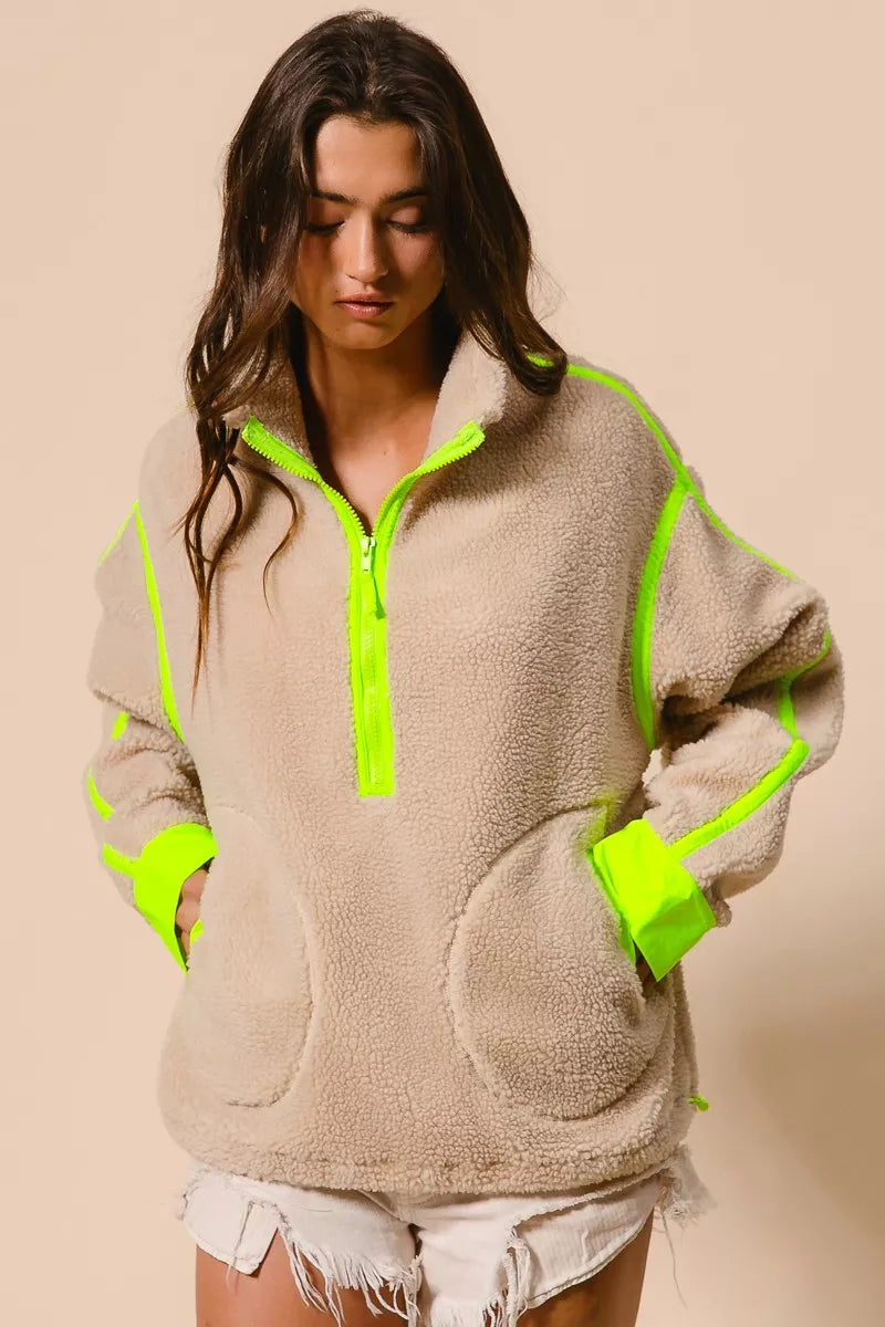OATMEAL NEON GREEN BiBi Contrast Edge Half Zip Up Sherpa Jacket | Jackets Daverri Fashions