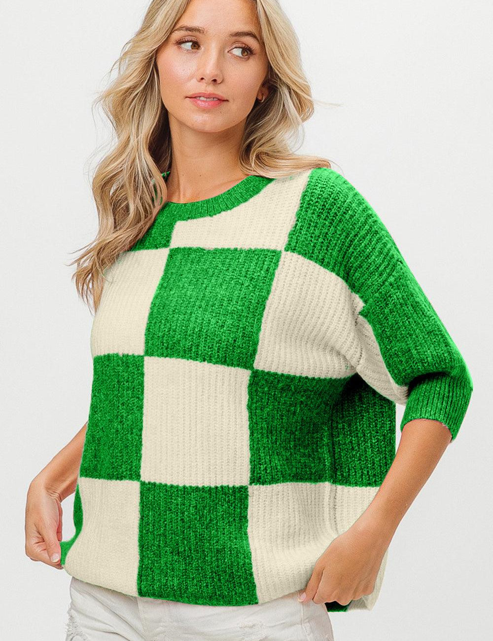 BiBi Checkered Contrast Round Neck Sweater Sweaters