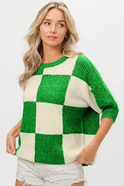 BiBi Checkered Contrast Round Neck Sweater Sweaters