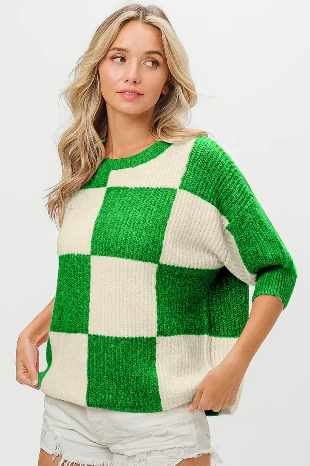 BiBi Checkered Contrast Round Neck Sweater - DAVERRI FASHIONS