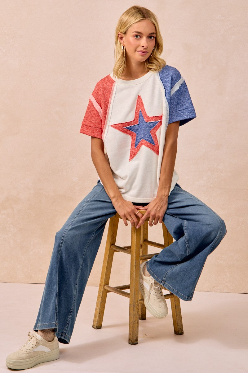 BiBi Fourth of July star raglan t-shirt in white, red, blue textured French terry