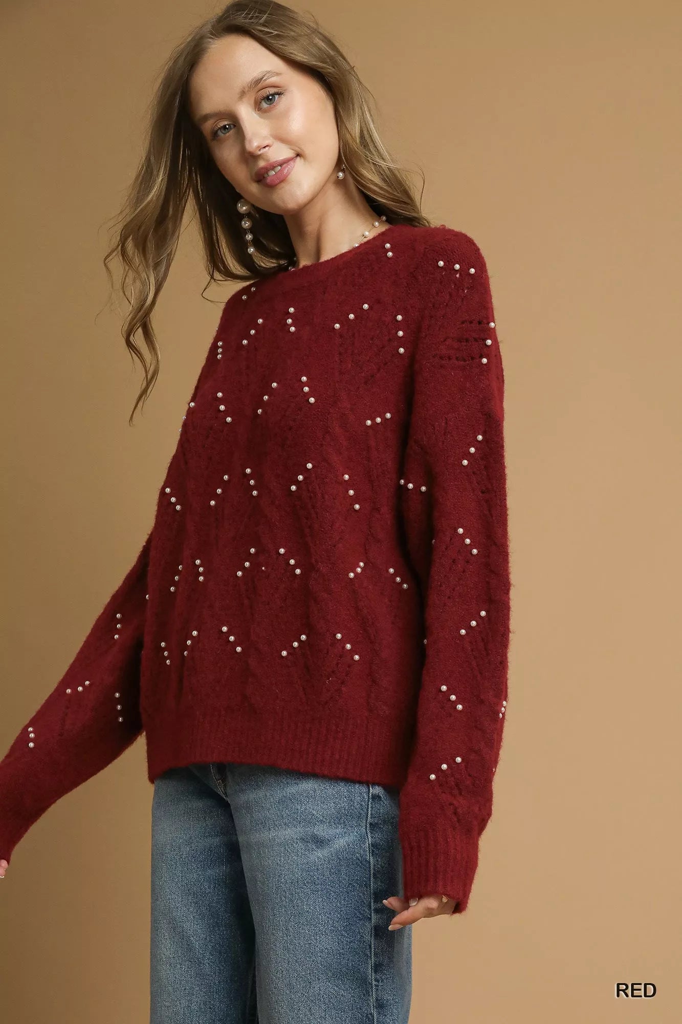 Umgee Pearl-Embellished Long Sleeve Sweater | Sweaters Daverri Fashions