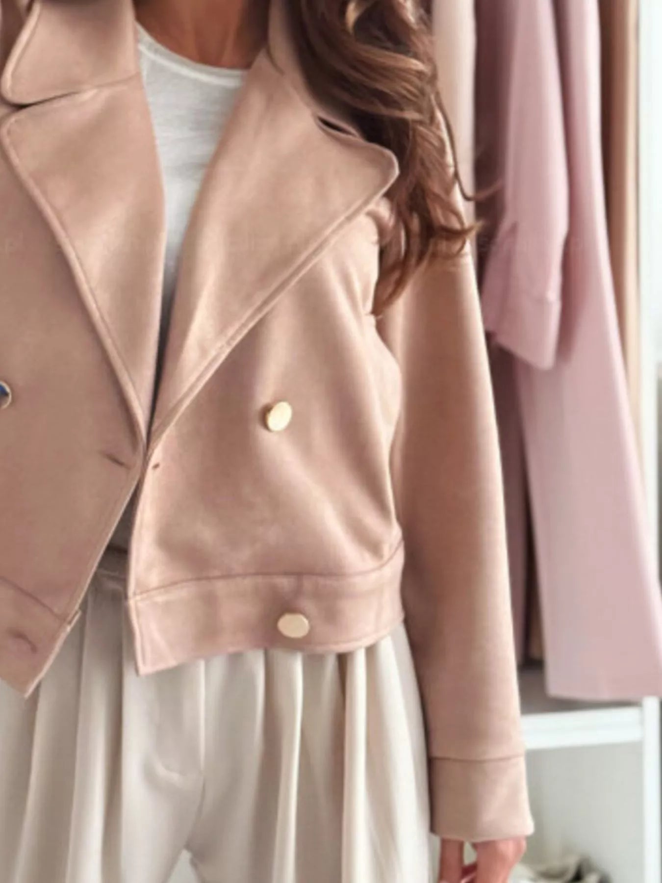 Daverri blush pink faux suede double-breasted cropped jacket