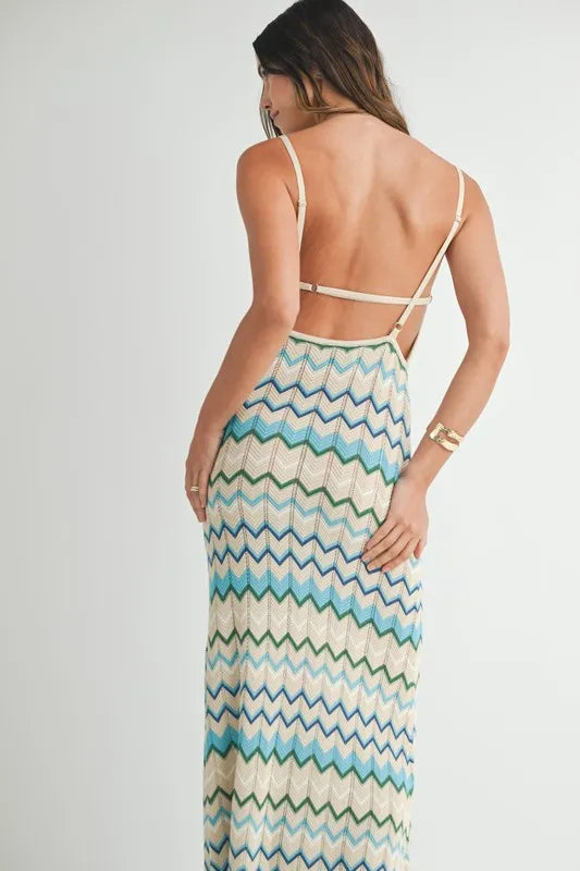 MABLE Lightweight Pointelle Chevron Knit Maxi Dress