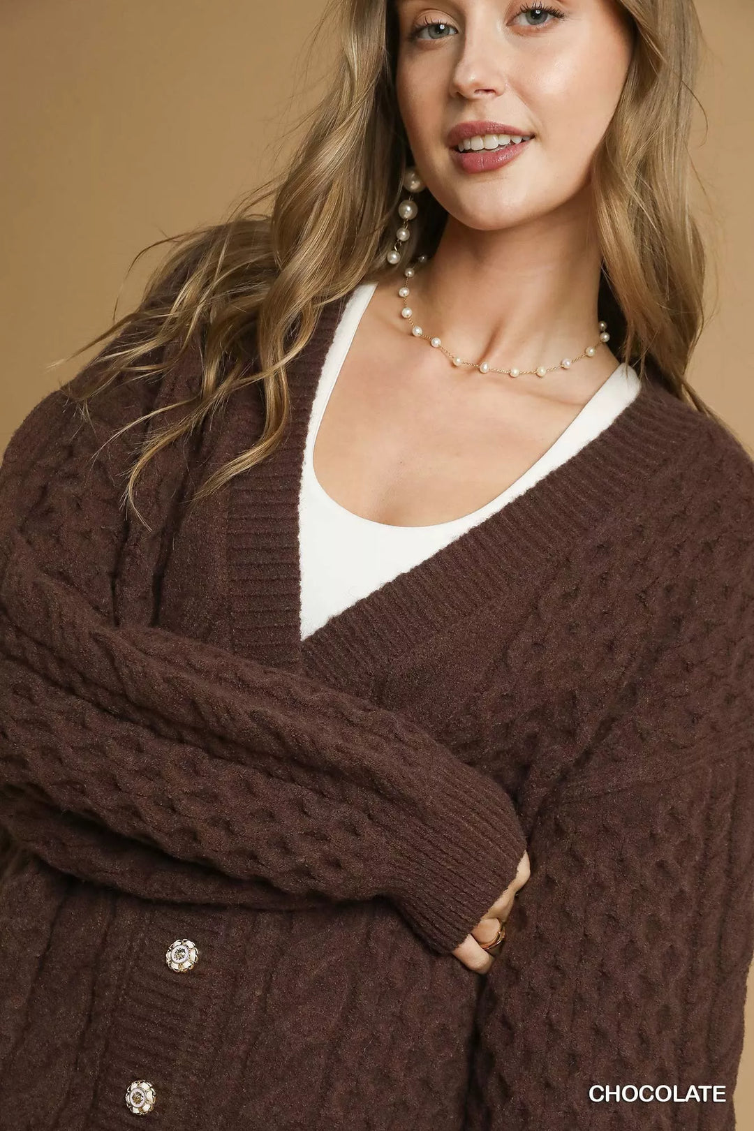 Umgee Cable Knit Pearl Button Cardigan Chocolate | Cardigans Daverri Fashions