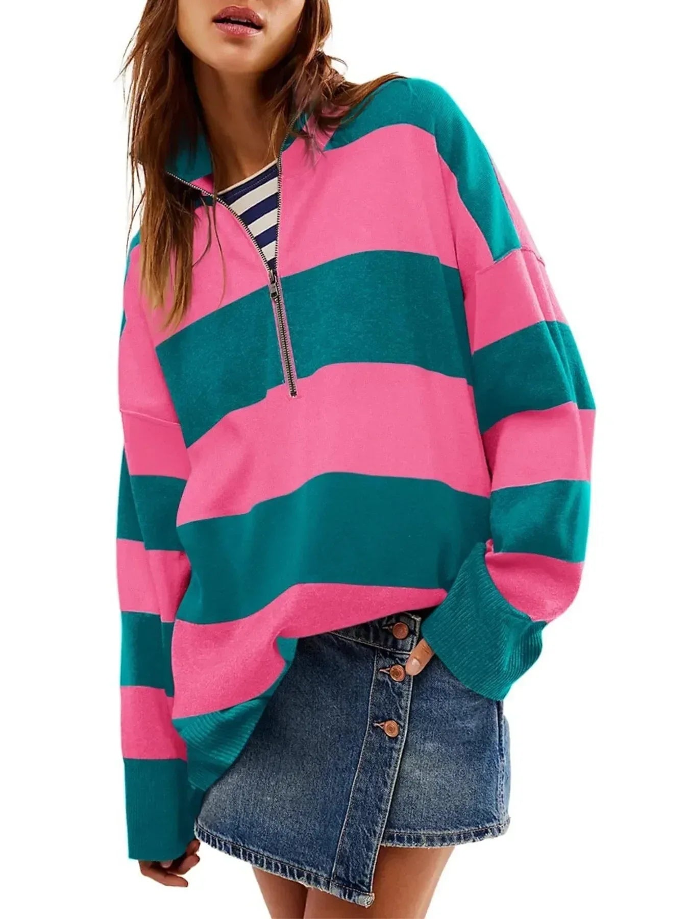 Striped Half-Zip Oversized Sweatshirt - DAVERRI FASHIONS