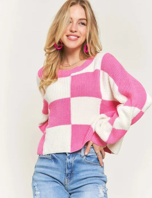 ADORA Plus Size Comfy Checkered Colorblock Sweater Top | Sweaters Daverri Fashions