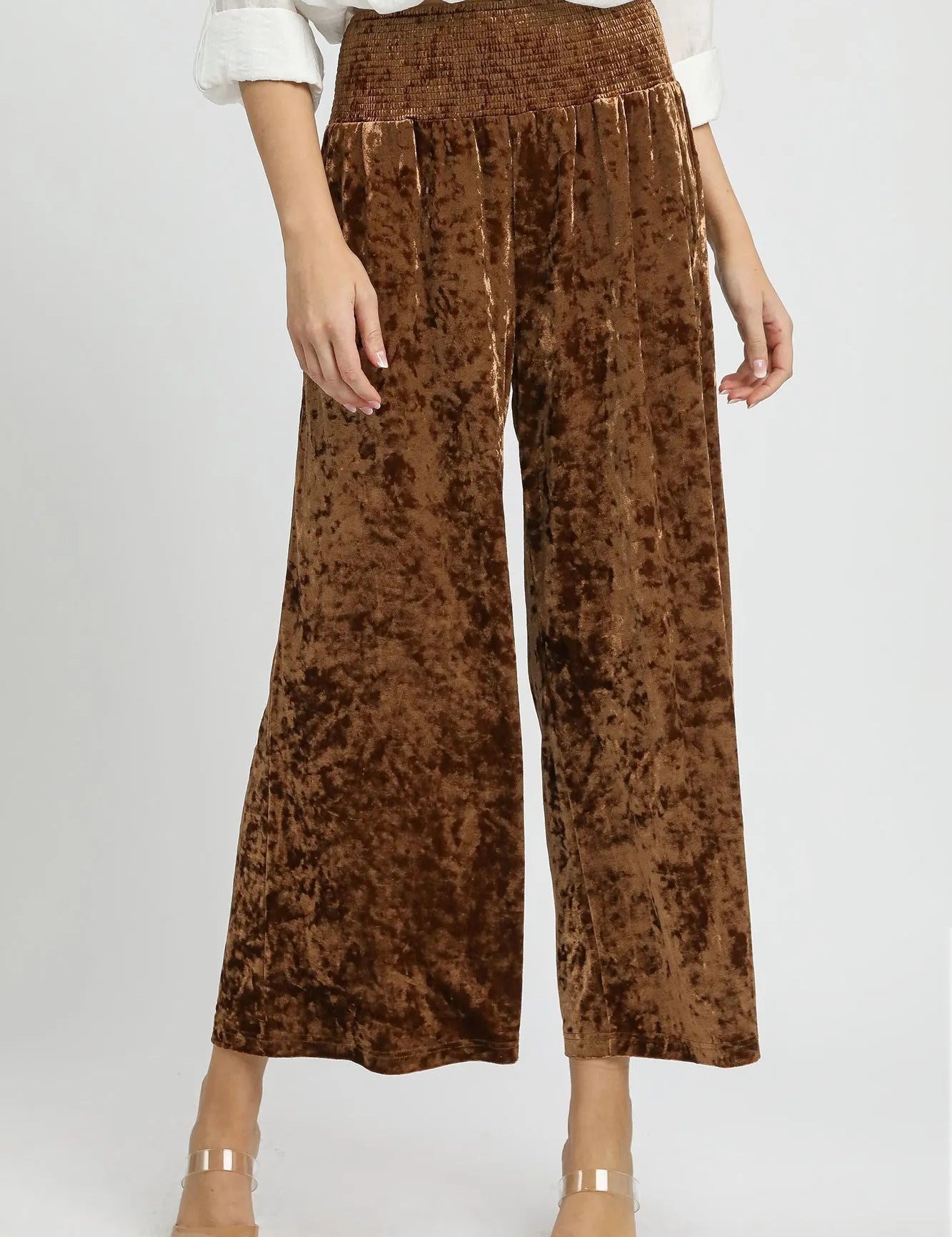 Brown Umgee Velvet Smocked Waistband Wide Leg Pants | Pants Daverri Fashions