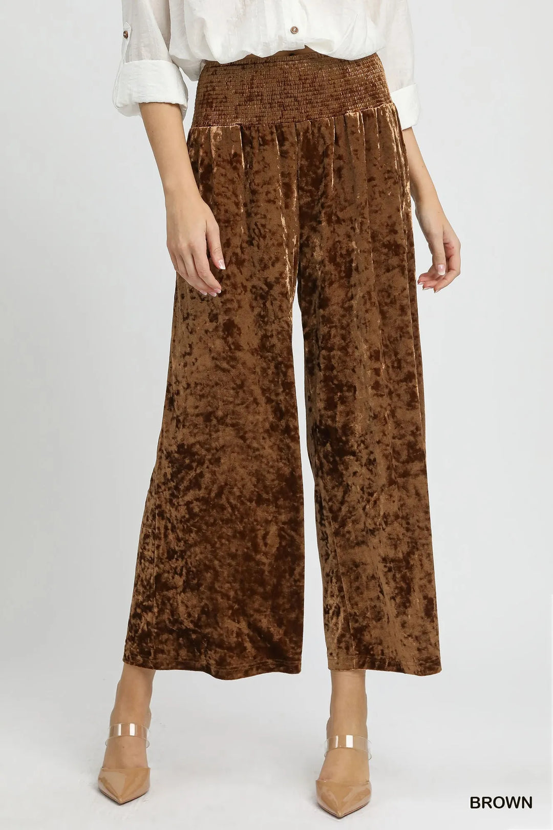 Umgee Velvet Smocked Waistband Wide Leg Pants Brown Pants