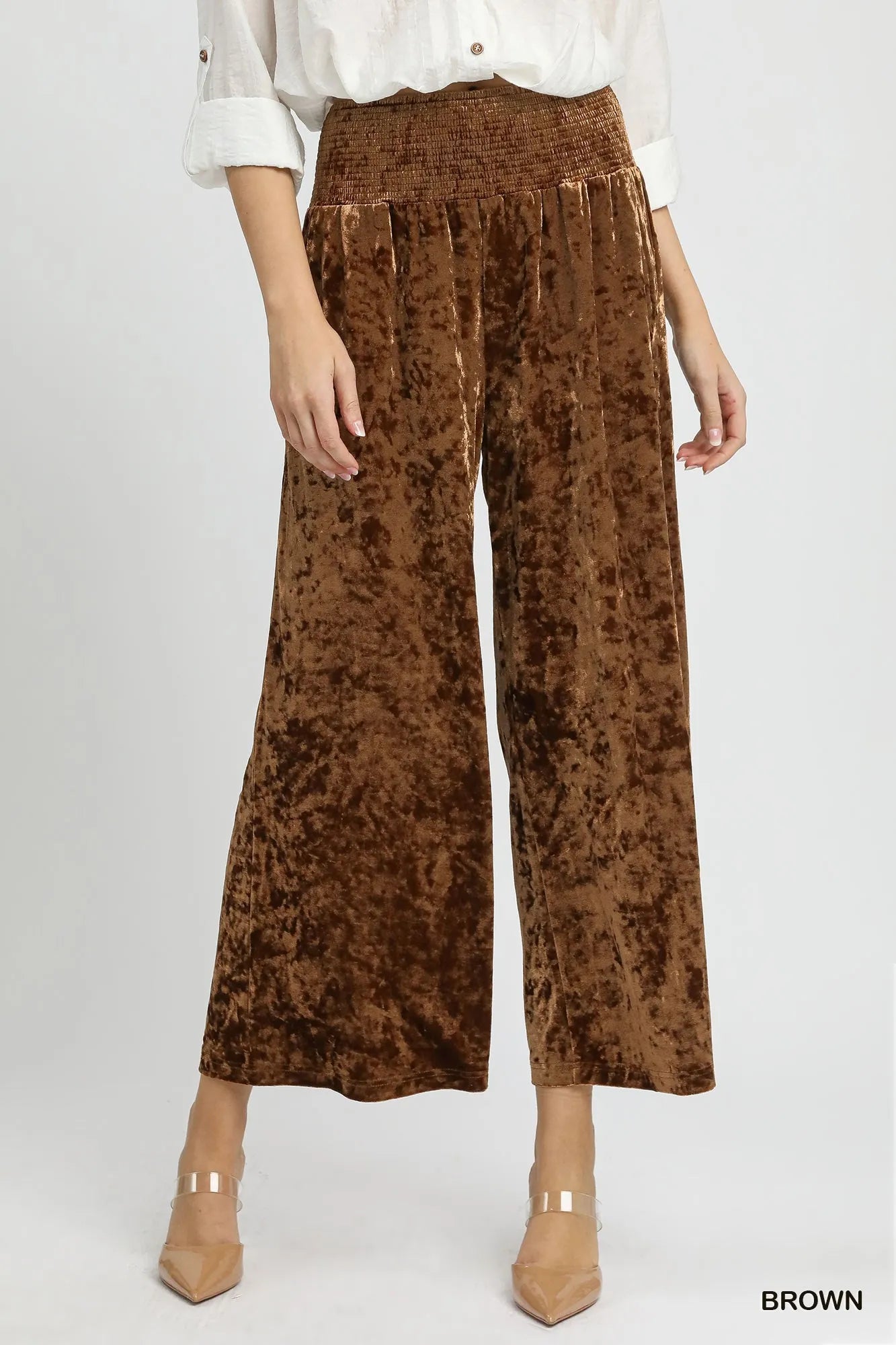 Umgee Velvet Smocked Waistband Wide Leg Pants Brown Pants