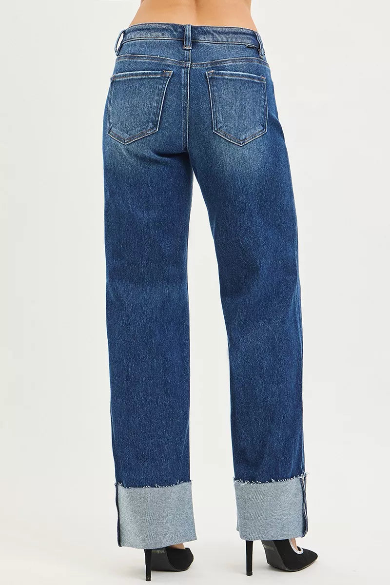 RISEN Mid Rise Wide Straight Jeans in blue denim with rolled cuffs