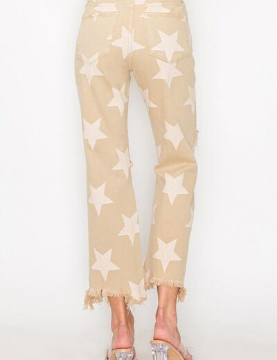 RISEN Full Size High Rise Star Printed Frayed Hem Jeans Jeans