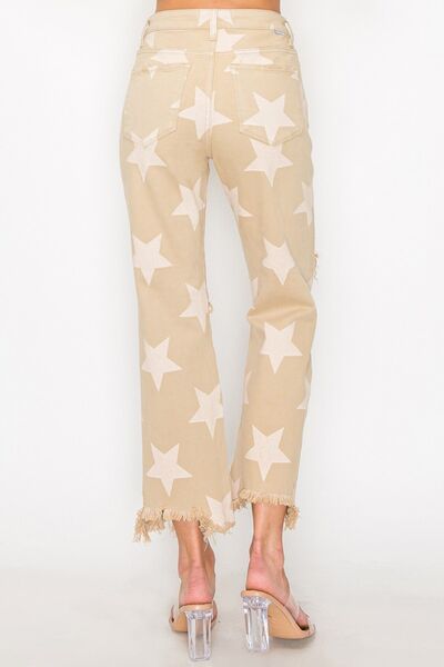 RISEN Full Size High Rise Star Printed Frayed Hem Jeans Jeans