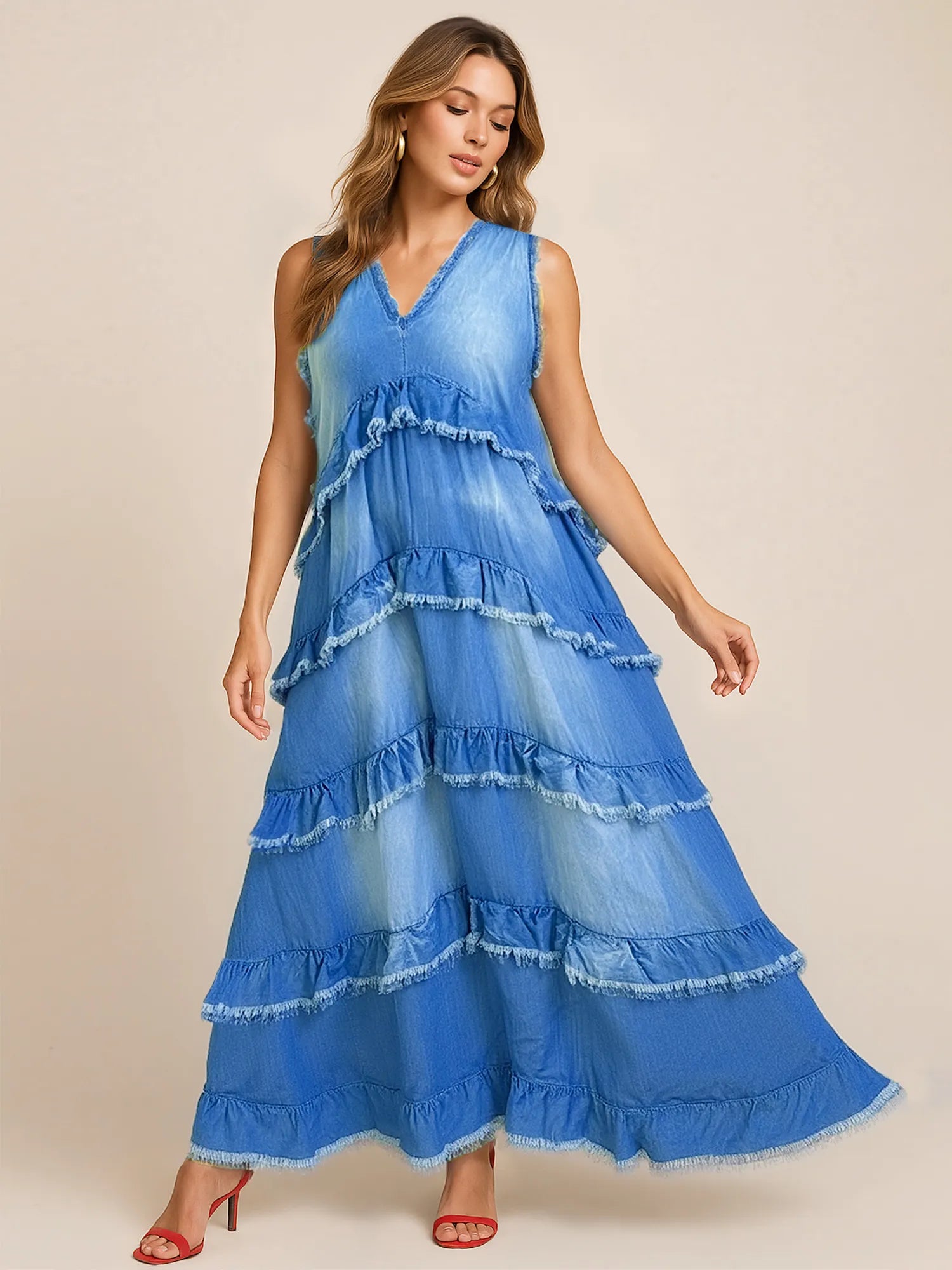 Blue Raw Hem Layered Denim Maxi Dress | Maxi Dresses Daverri Fashions