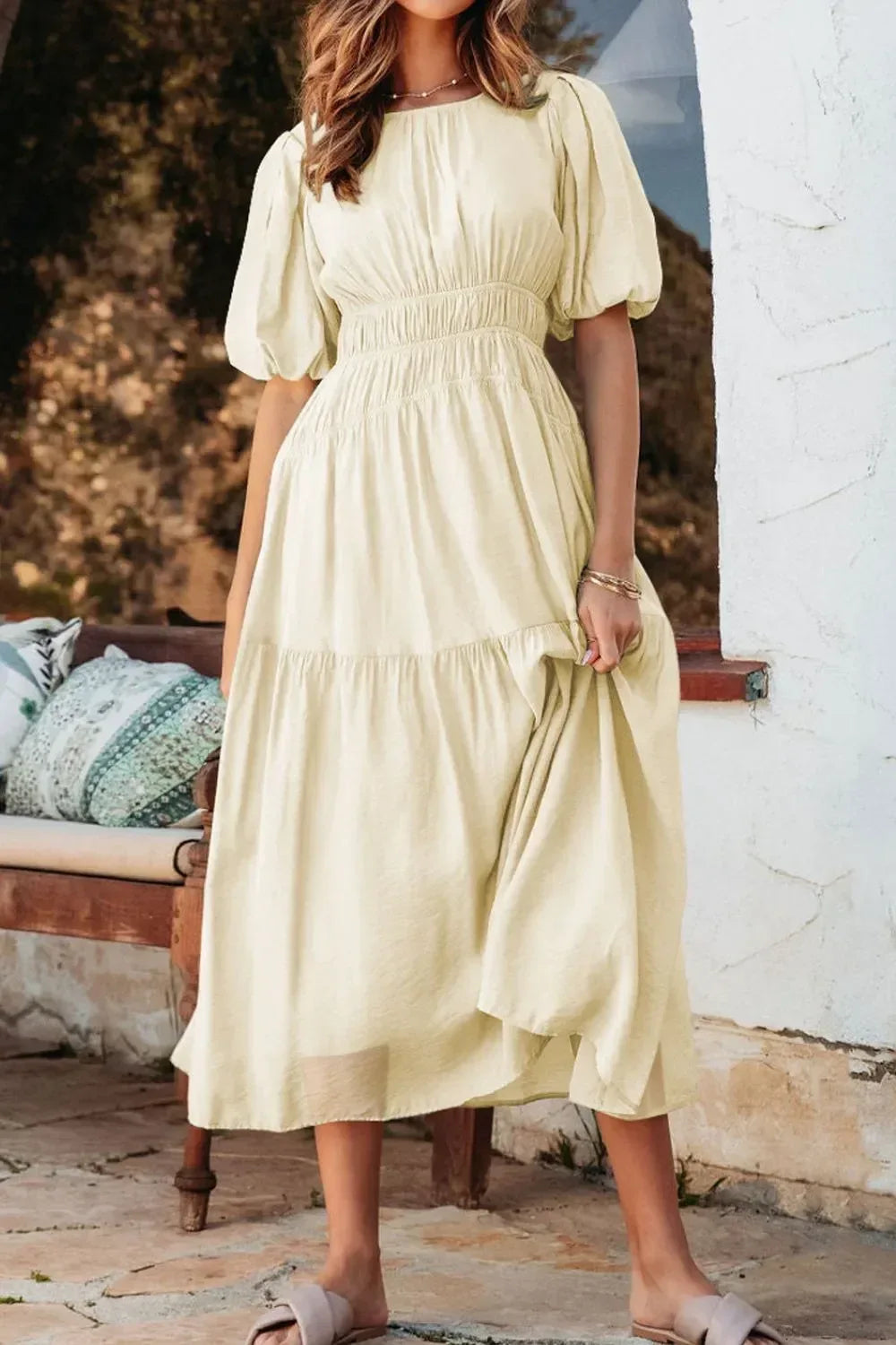 Daverri Fashions Puff Sleeve Pleated High Waist Flowy Midi Dress - DAVERRI FASHIONS