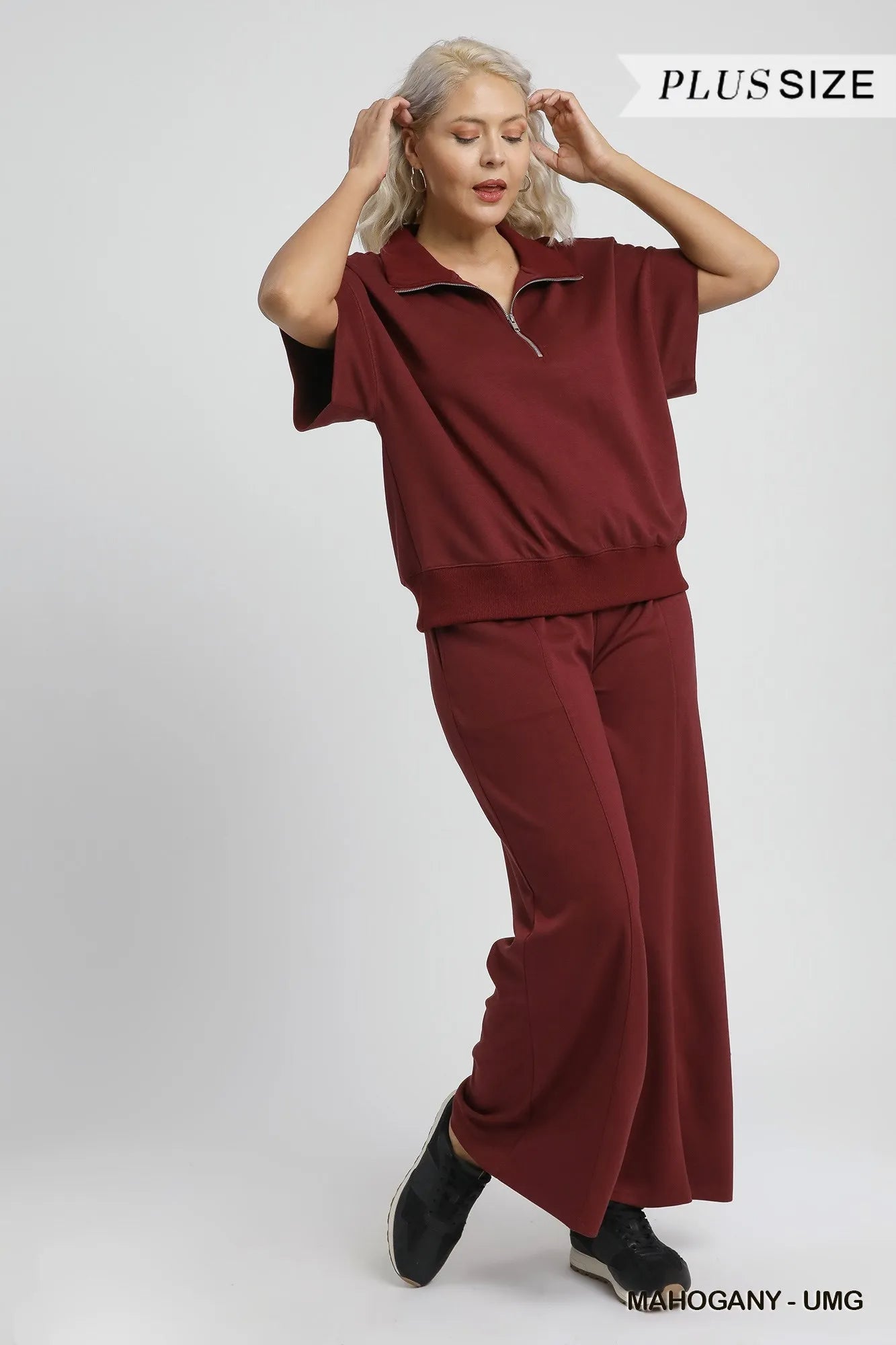 Umgee Full Size Half-Zip Short Sleeve Top Plus Size Tops