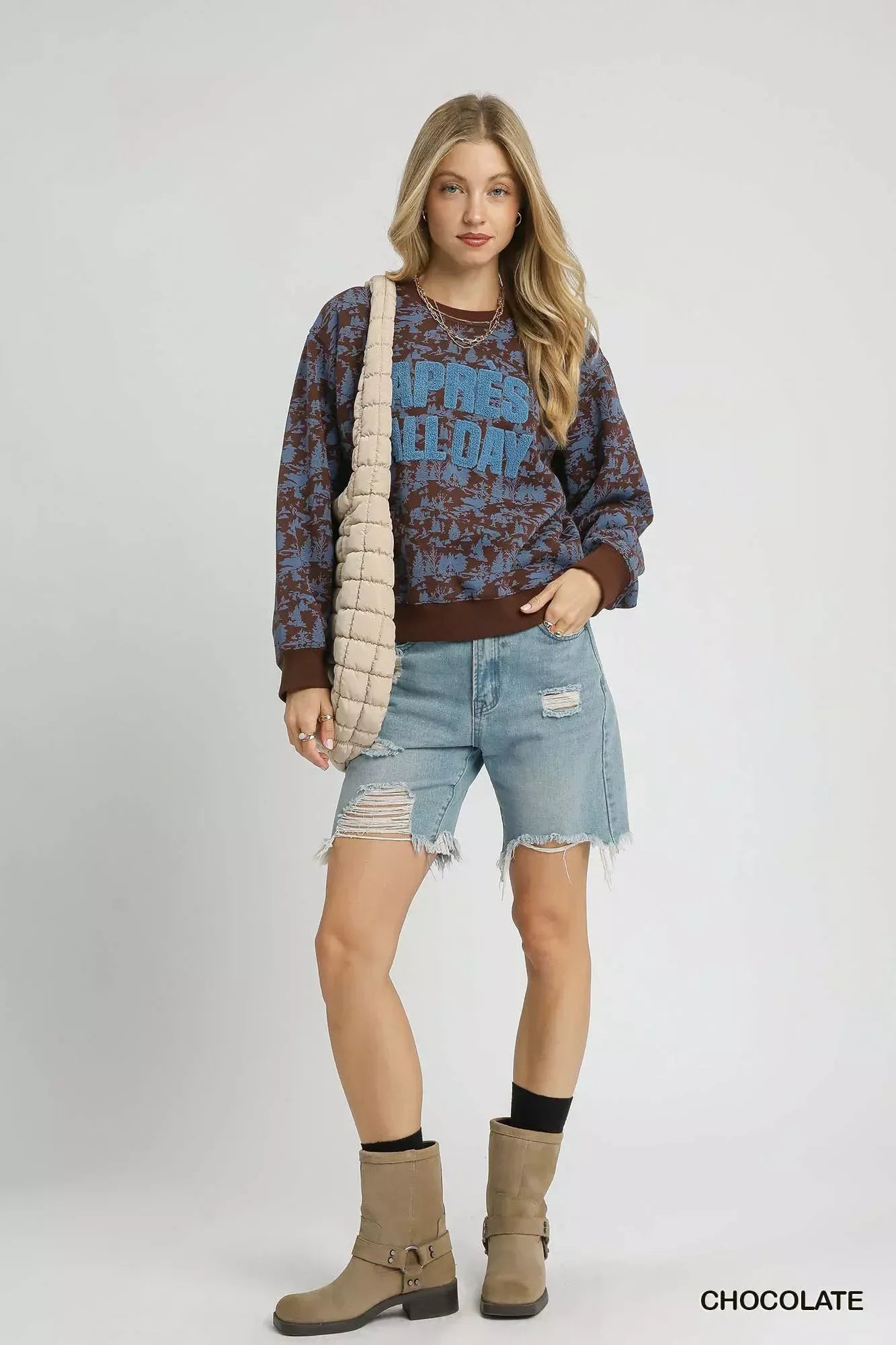 Umgee Scenic Print Cropped Sweatshirt Chocolate - DAVERRI FASHIONS