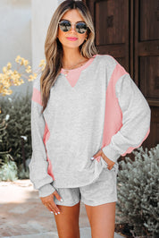 Light Grey Color Block Raw Hem Pullover and Casual Shorts Set | Outfit Sets Daverri Fashions