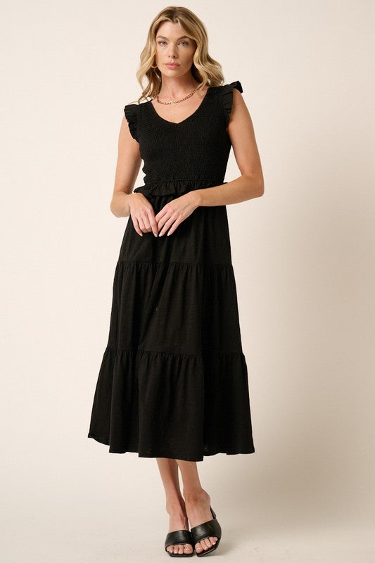 Mittoshop Smocked Ruffled Tiered Midi Dress Black Mid Dresses