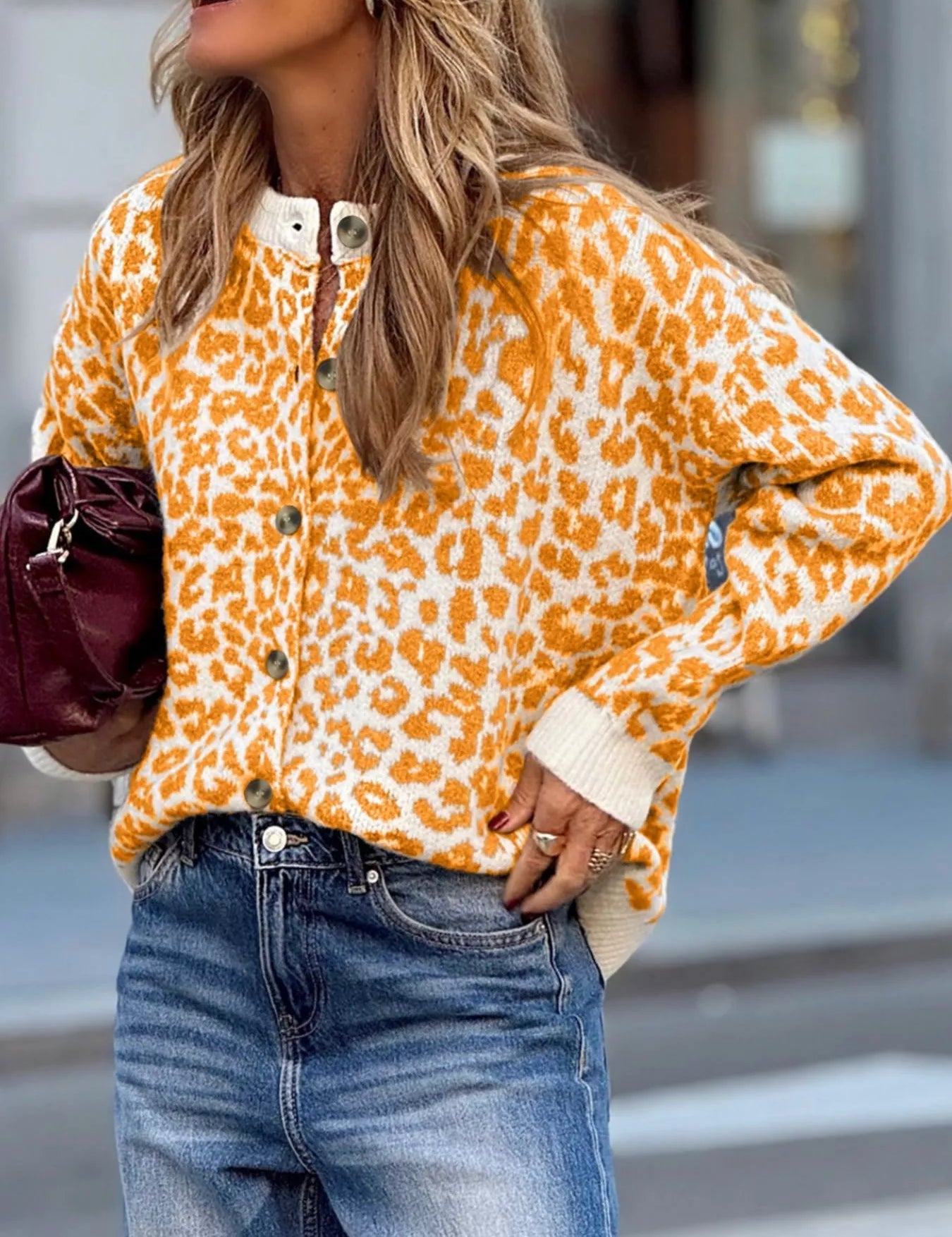 Leopard Drop Shoulder Chunky Knitted Cardigan | Cardigans Daverri Fashions