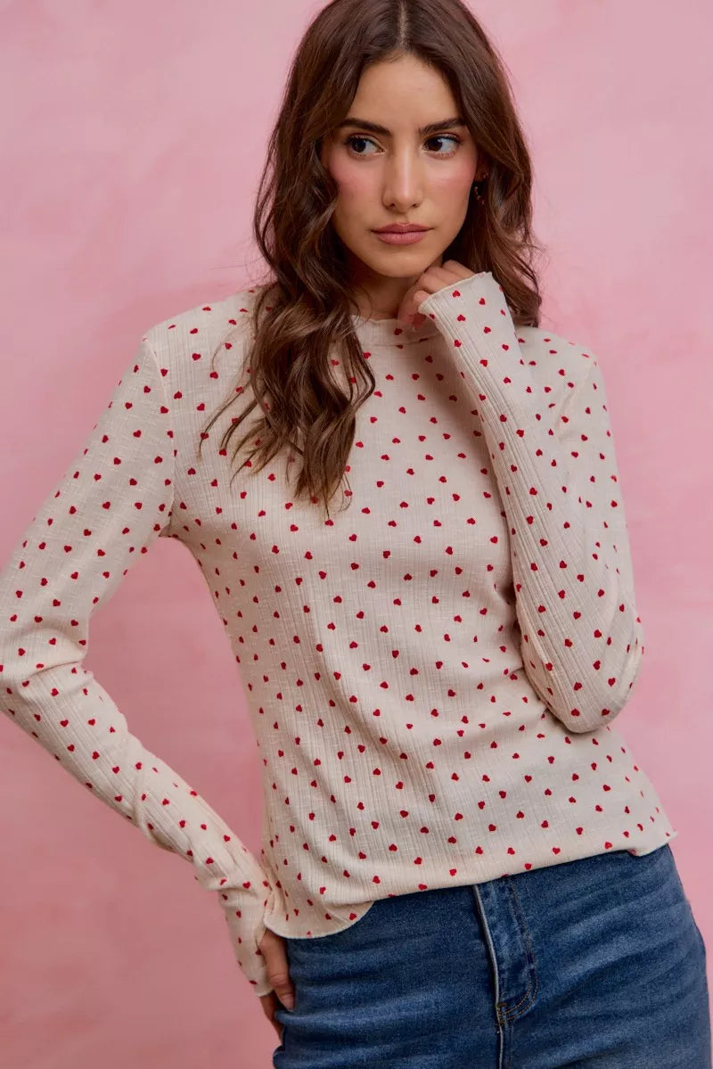 SO ME Ditsy Heart All Over Slub Rib Knit Valentine Top in cream with red hearts