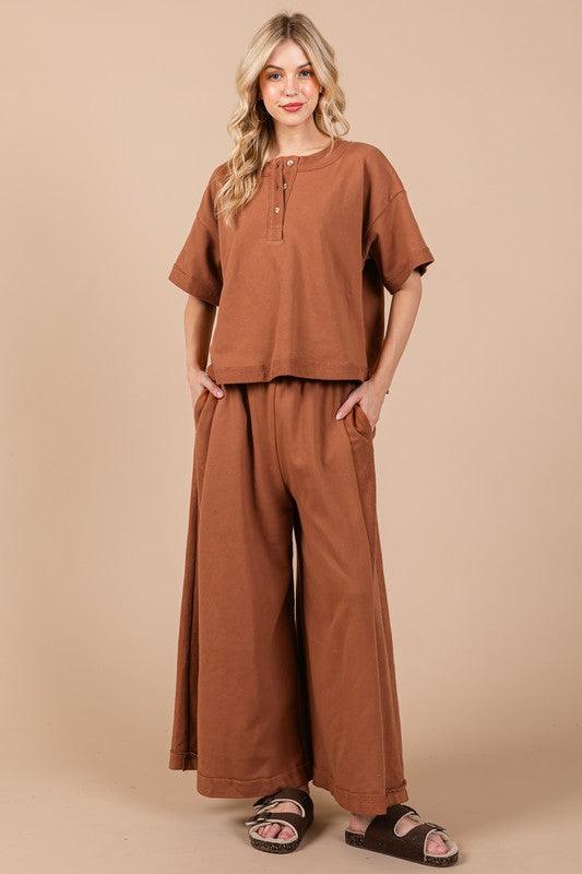 Ces Femme Half Button Half Sleeve Top and Pants Set Outfit Sets