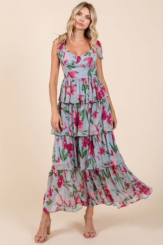 Mittoshop Layered Floral Sweetheart Neck Maxi Dress Dusty Blue