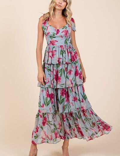 Mittoshop Layered Floral Sweetheart Neck Maxi Dress Dusty Blue