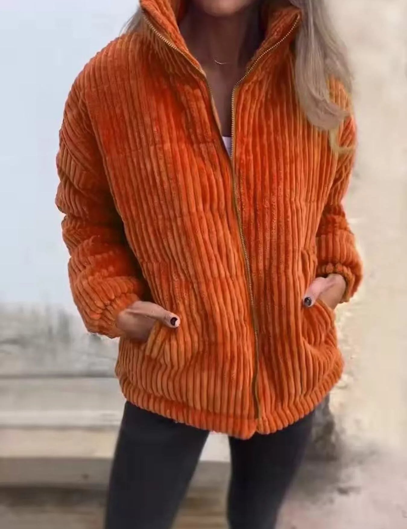 Orange-red Full Size Zip Up Funnel Neck Long Sleeve Winter Coat Plus Size | Coats Daverri Fashions
