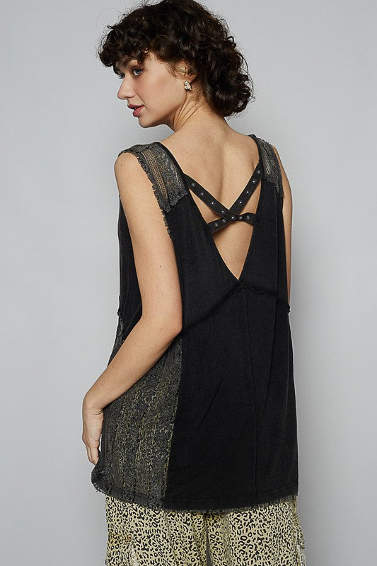 POL Lace Detail Studded Crisscross Back V-Neck Sleeveless Top Tops