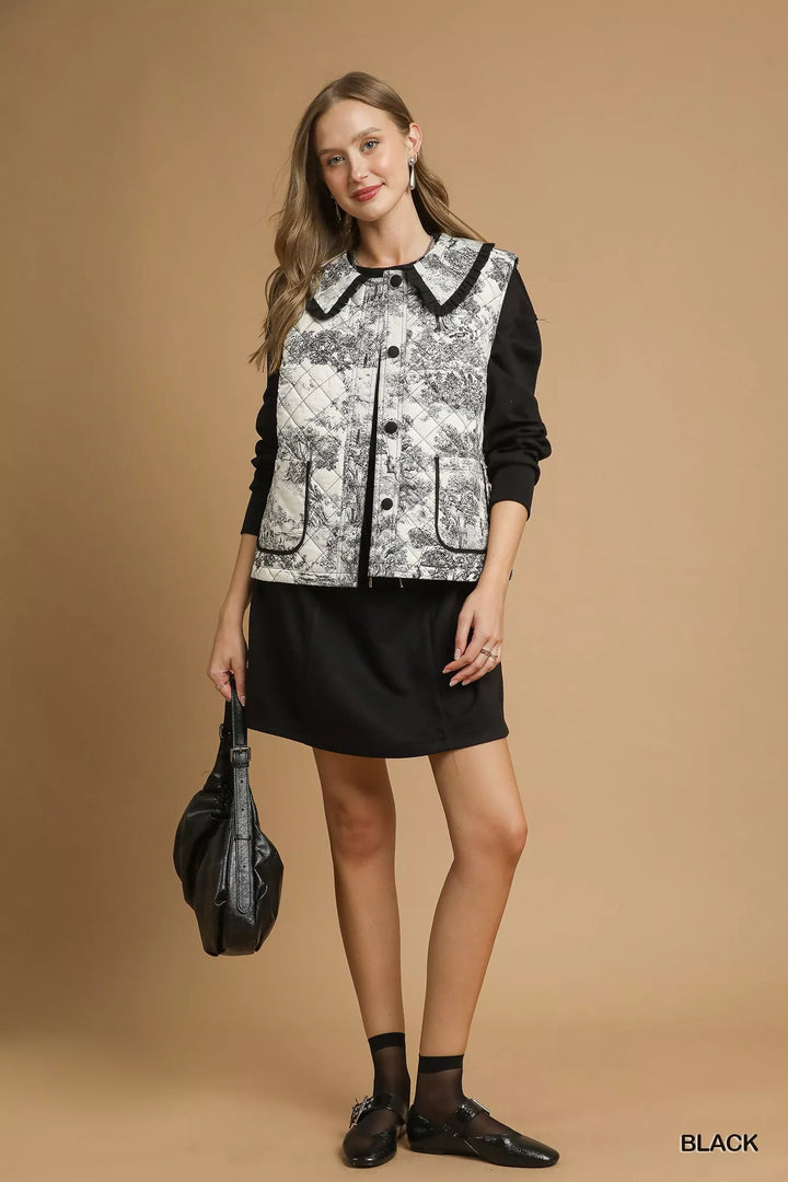 Umgee Toile Quilted Vest with Ruffle Collar | Vest Jackets Daverri Fashions