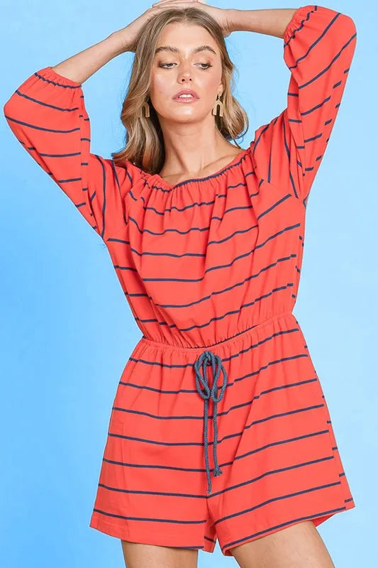 Lime 'N' Chili Striped Off-The-Shoulder Quarter Sleeve Romper Rompers