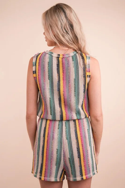 VERY J Crochet Multi Color Striped Casual Summer Romper Rompers