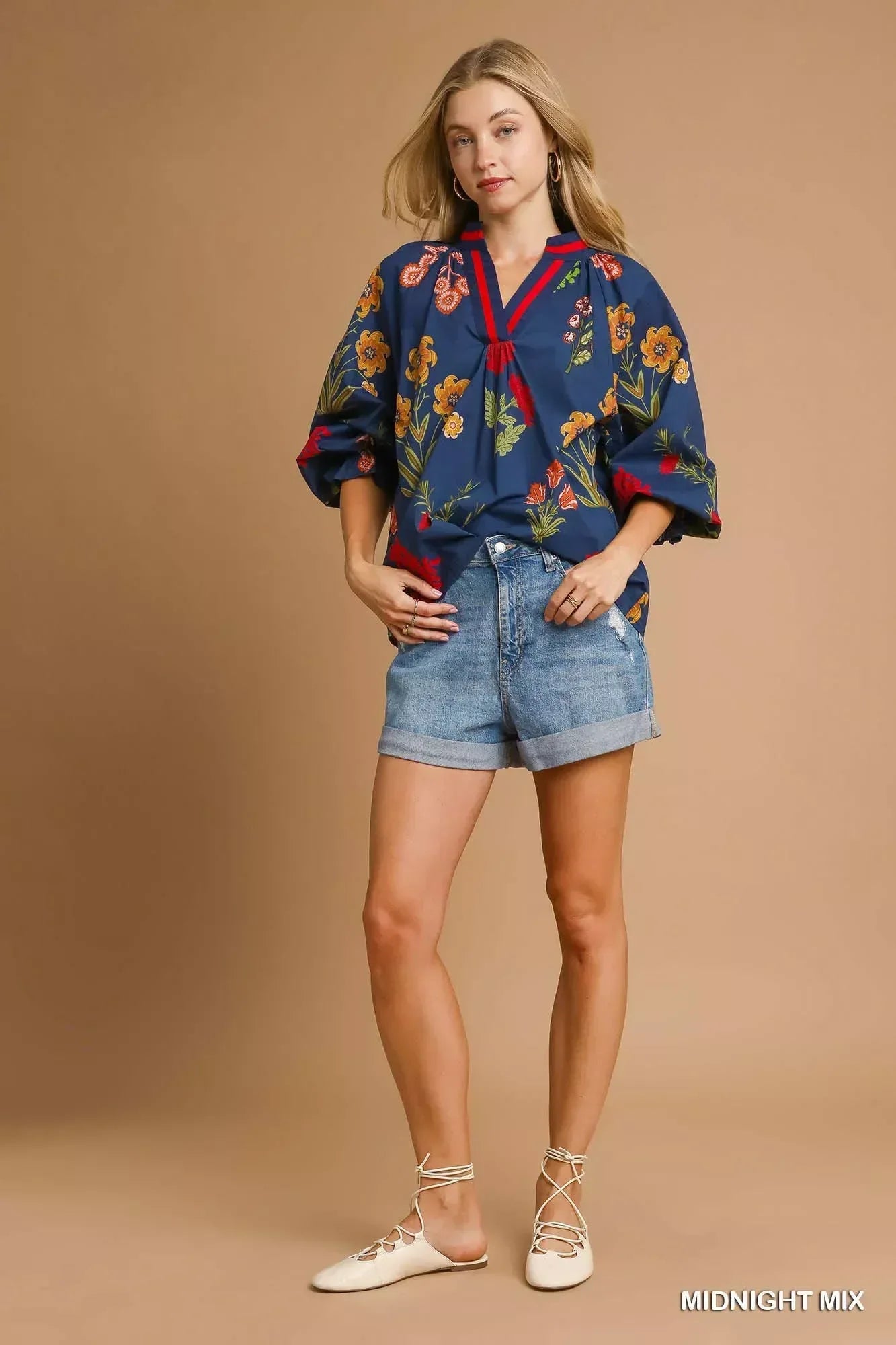 Umgee Floral Print Flounce Sleeve Blouse - DAVERRI FASHIONS