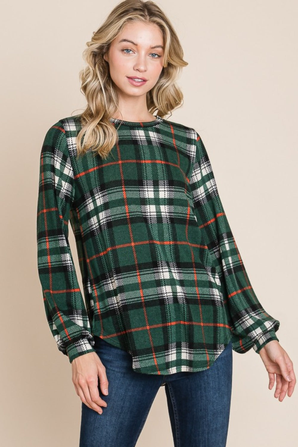 Green BOMBOM Curved Hem Plaid Round Neck Long Sleeve Top | Tops Daverri Fashions