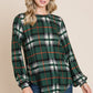 BOMBOM Curved Hem Plaid Round Neck Long Sleeve Top Green