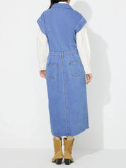 Slit Half Button Collared Neck Cap Sleeve Denim Dress | Midi Dresses Daverri Fashions