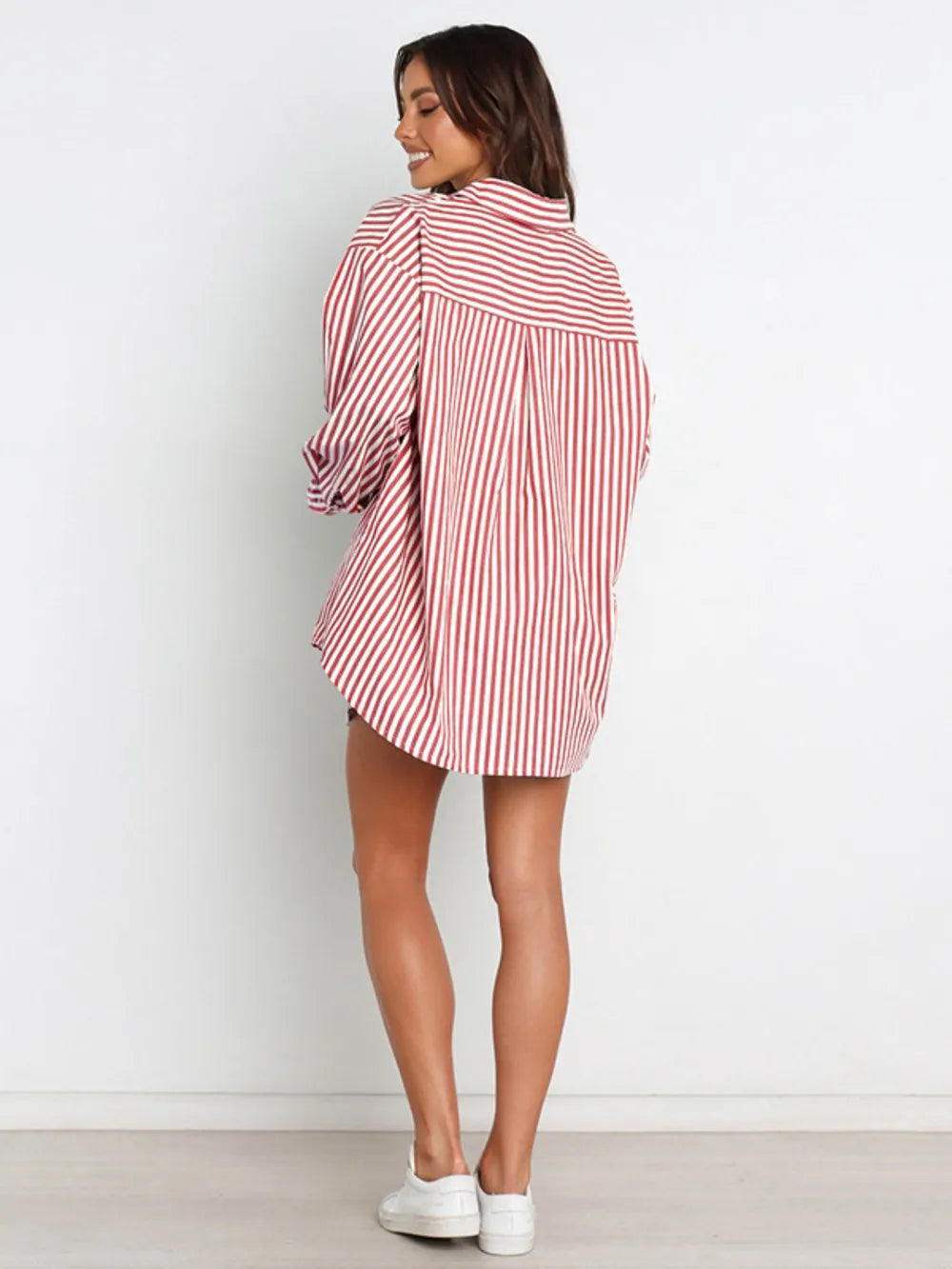 Oversized red white striped button-up shirt dress from Striped Dropped Shoulder Set