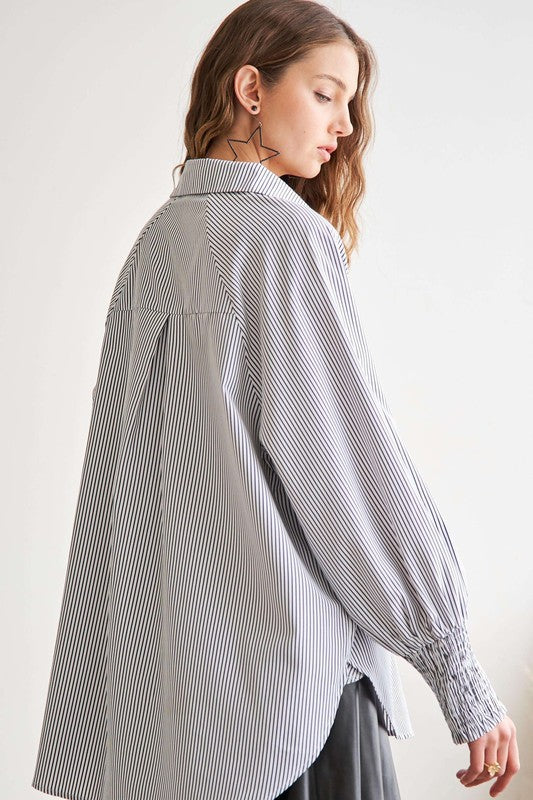 ADORA High-Low Striped Button Down Smocked Lantern Sleeve Shirt Tops