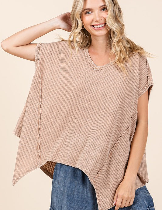 Mittoshop Mineral Wash Waffle Knit Pointed Hem Oversized Top Tan