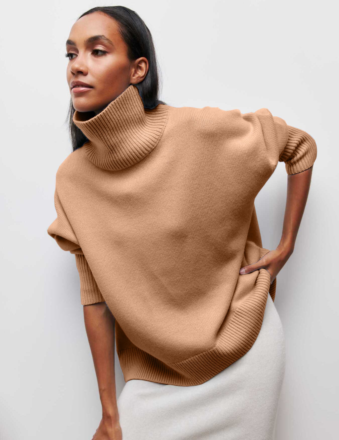Camel Loose Fit Long Sleeve Turtleneck Sweater | Sweaters Daverri Fashions