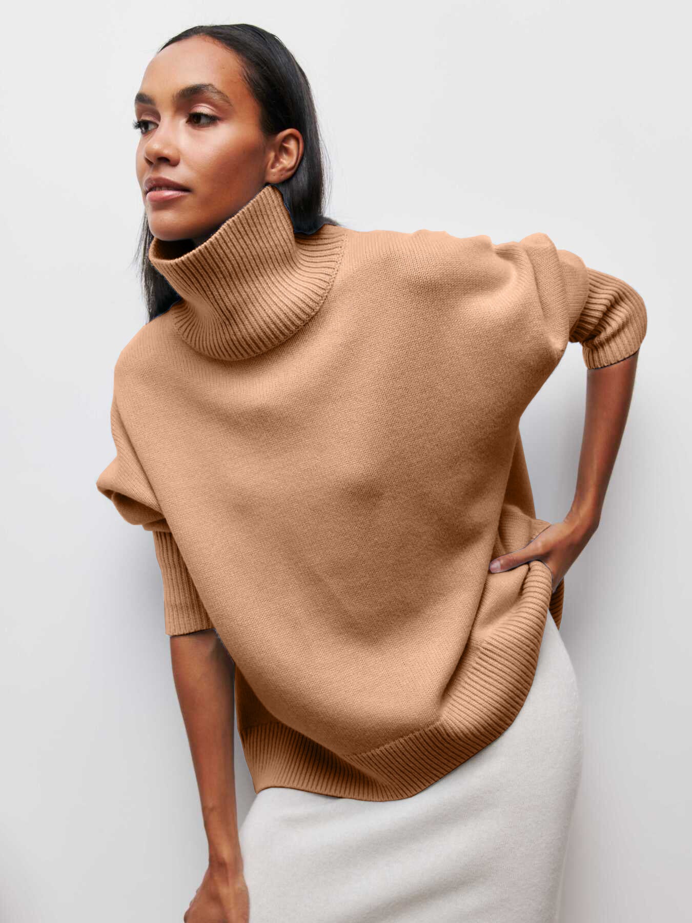 Camel Loose Fit Long Sleeve Turtleneck Sweater | Sweaters Daverri Fashions