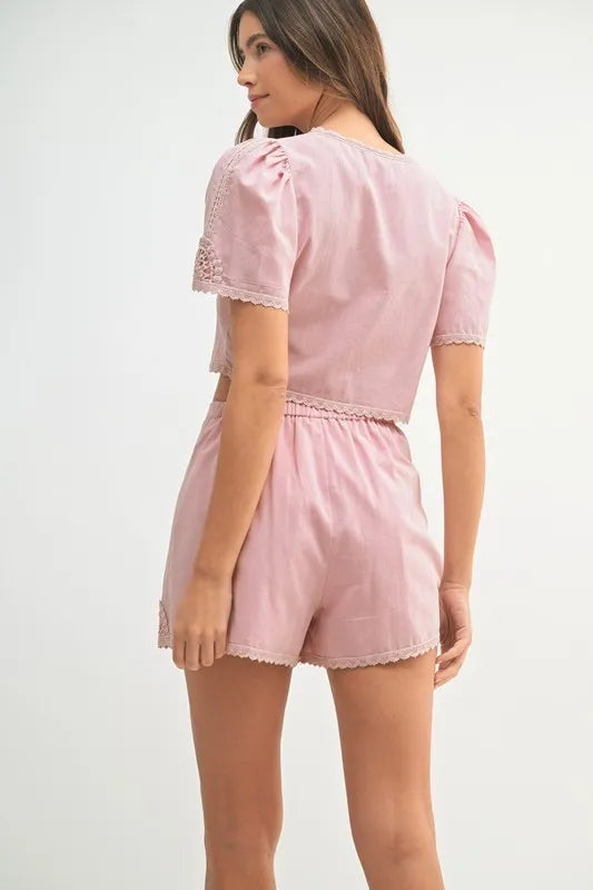 MABLE Crochet Lace Detail Crop Top and Shorts Set