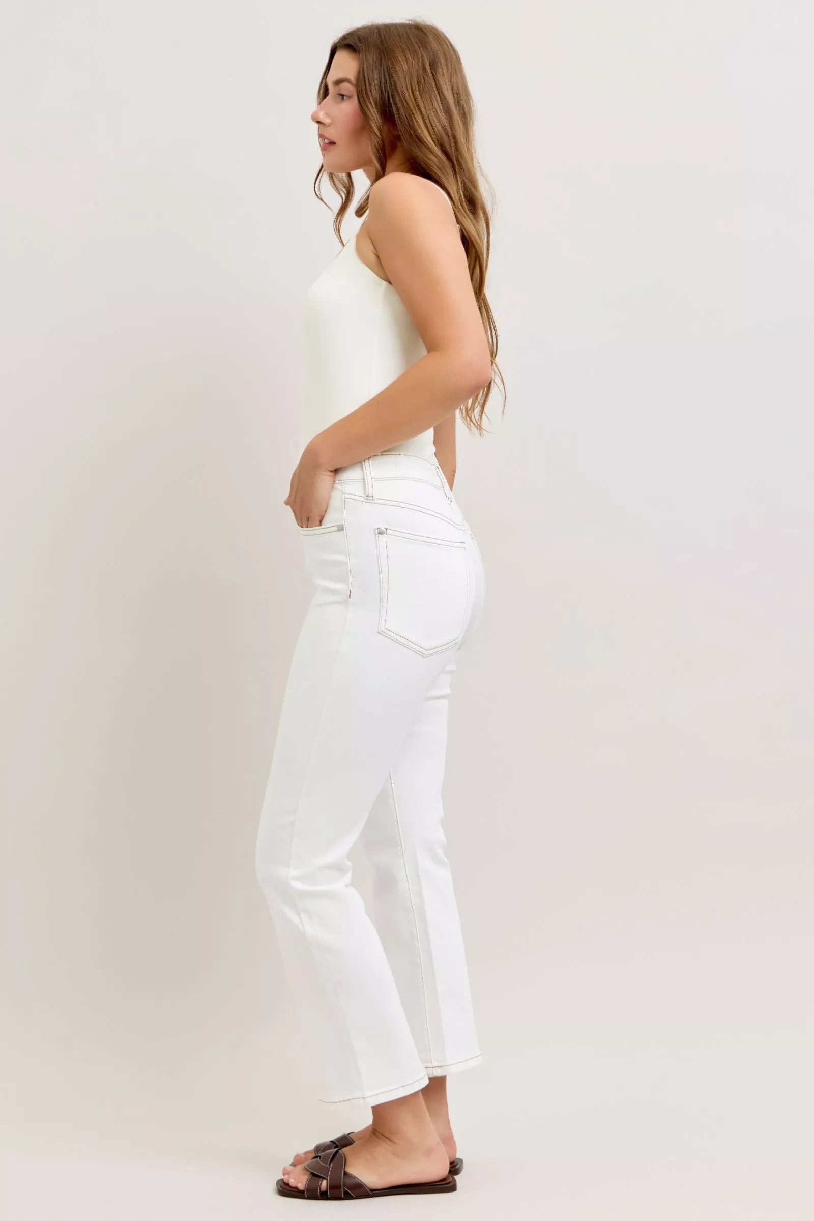 Judy Blue contrast stitching cropped flare jeans white high-rise back view