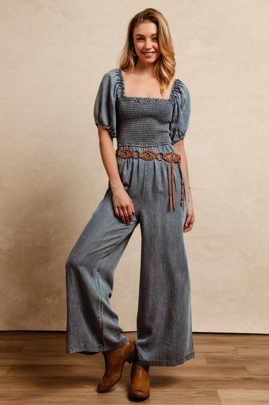 BiBi Smocked Washed Puff Sleeve Square Neck Denim Jumpsuit Medium S
