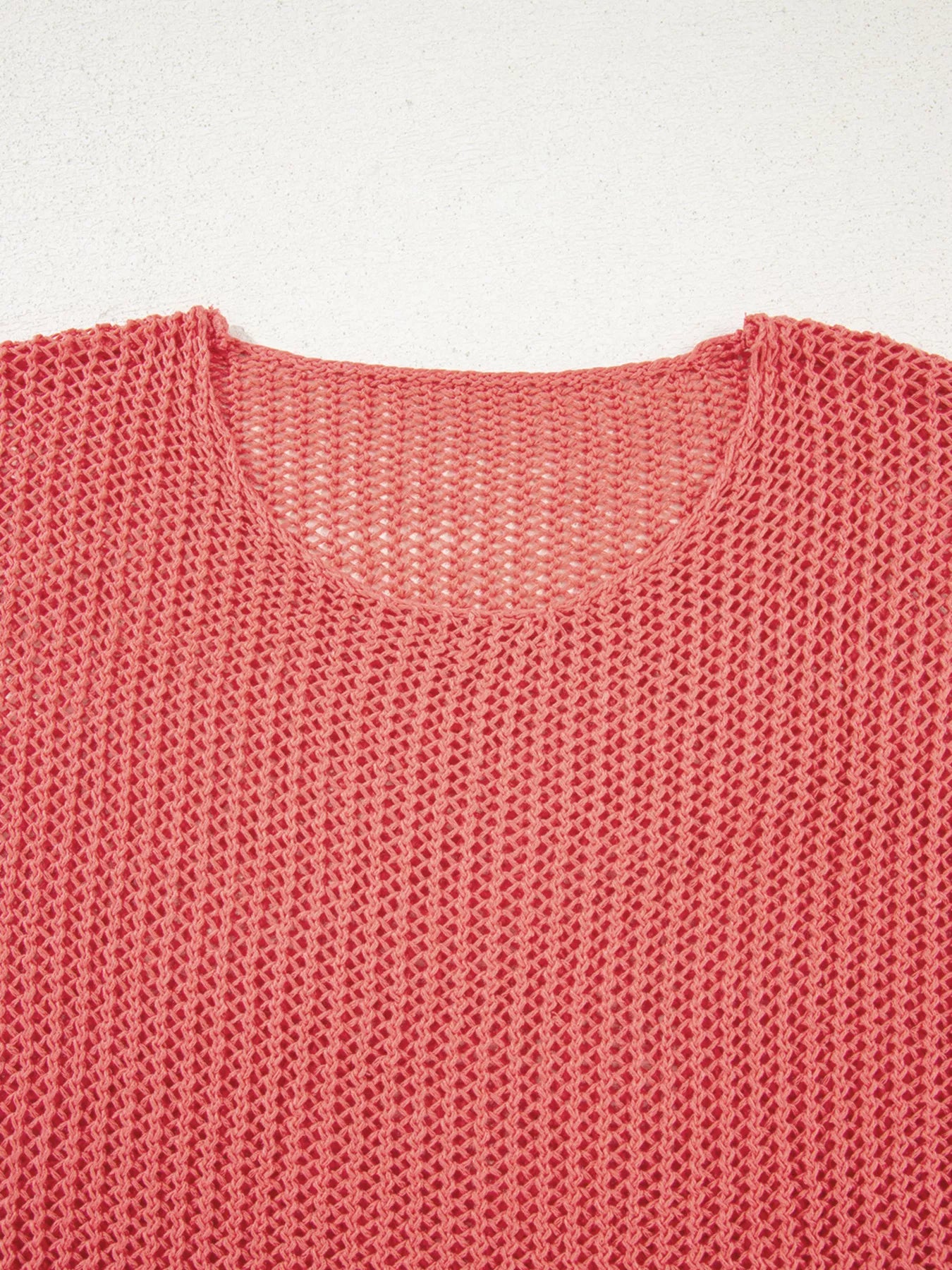 Coral open-knit crochet hollow out long sleeve knit top