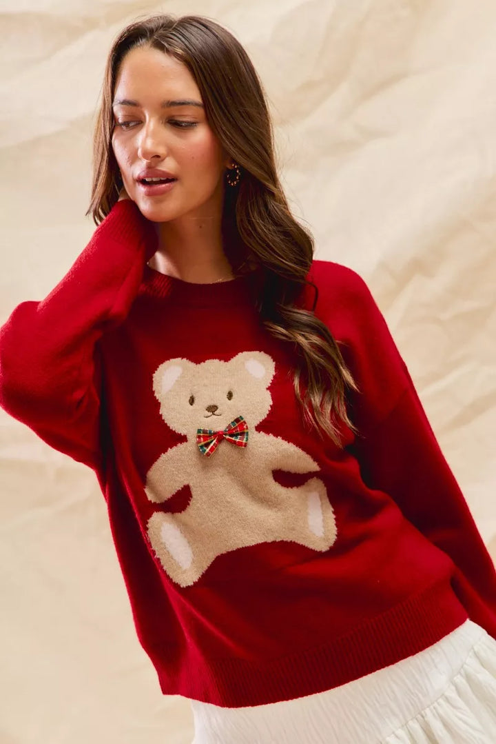 SO ME Teddy Bear With Check Ribbon Christmas Sweater | Daverri Fashions